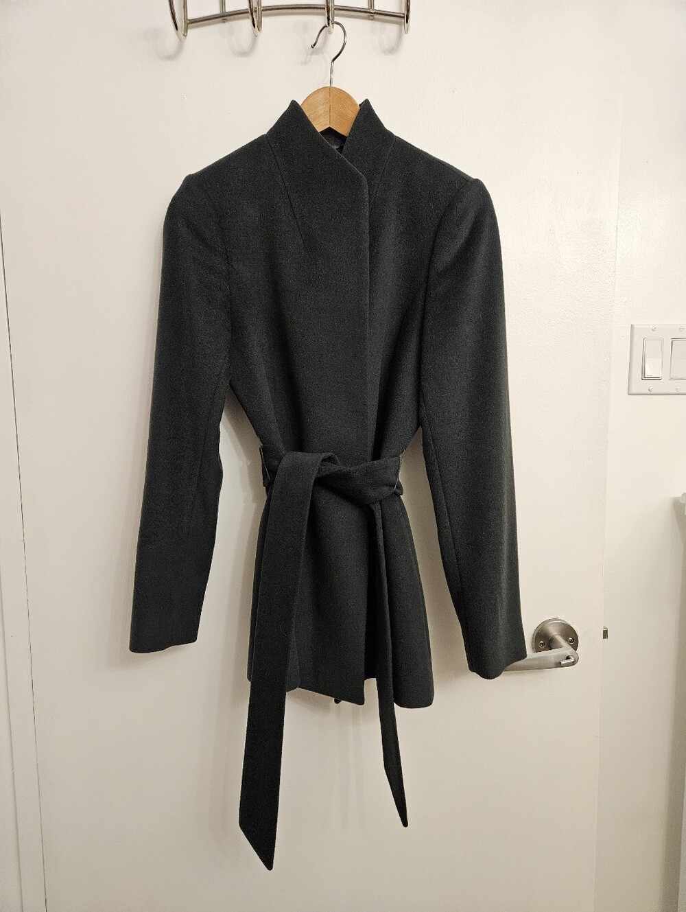 REISS Dark Green 100% Wool Belted Wrap Coat Funnel Neck ~ Like New